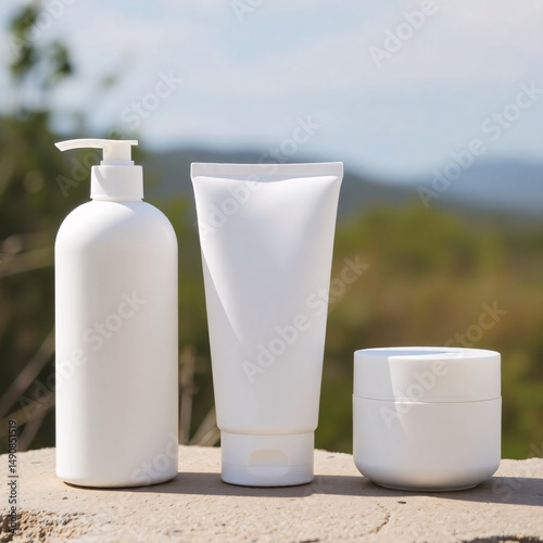 Three cosmetic bottles . A pump-top shampoo bottle, a squeeze tube for face wash, and a round cream jar.