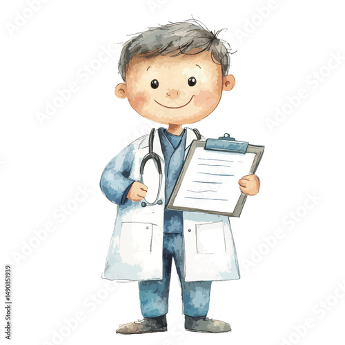 Cheerful Watercolor Doctor Character Holding Medical Records