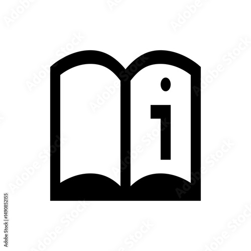 Open book icon with information symbol displayed on the right page in black and white illustration