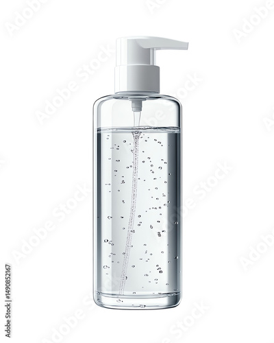 Isolated transparent Elegant pump bottle filled with clear antibacterial gel, perfect for hygiene routines. PNG die-cut element for advertising