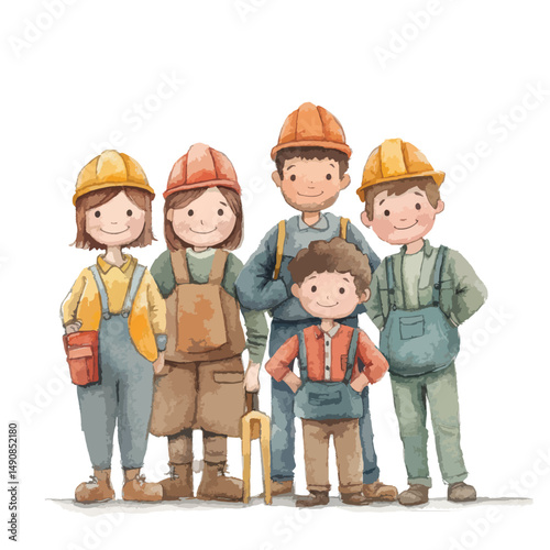 Cheerful Watercolor Family of Construction Workers