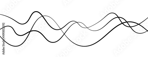 Abstract design featuring thin, elegant wave black lines flowing gracefully across a clean white background. The lines should appear delicate and dynamic, with smooth curves and varying opacity.