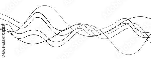 Abstract design featuring thin, elegant wave black lines flowing gracefully across a clean white background. The lines should appear delicate and dynamic, with smooth curves and varying opacity.