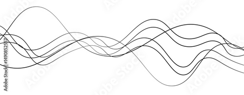 Abstract design featuring thin, elegant wave black lines flowing gracefully across a clean white background. The lines should appear delicate and dynamic, with smooth curves and varying opacity.