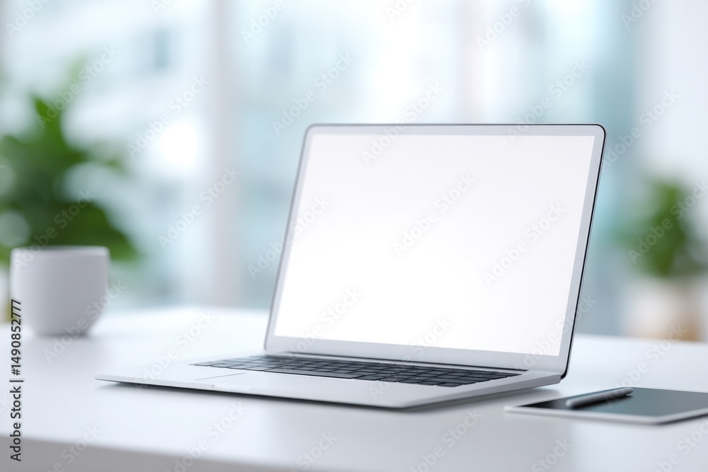 Fototapeta premium minimalistic interactive presentation scene on modern desk with laptop digital tablet and stylus pen