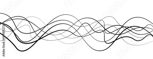 Abstract design featuring thin, elegant wave black lines flowing gracefully across a clean white background. The lines should appear delicate and dynamic, with smooth curves and varying opacity.