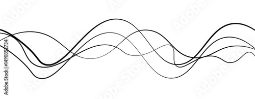 Abstract design featuring thin, elegant wave black lines flowing gracefully across a clean white background. The lines should appear delicate and dynamic, with smooth curves and varying opacity.
