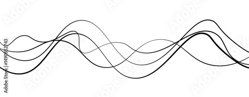 Abstract design featuring thin, elegant wave black lines flowing gracefully across a clean white background. The lines should appear delicate and dynamic, with smooth curves and varying opacity.