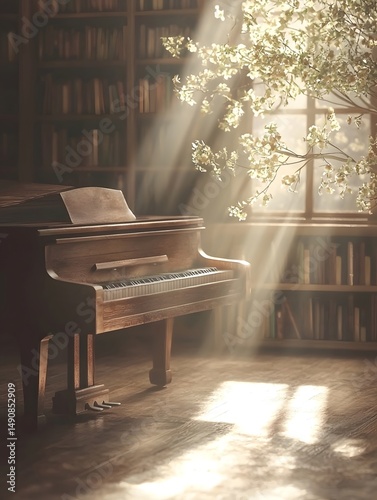 The sunshine falls on the old piano in the corner