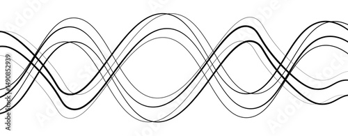 Abstract design featuring thin, elegant wave black lines flowing gracefully across a clean white background. The lines should appear delicate and dynamic, with smooth curves and varying opacity.