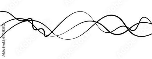 Abstract design featuring thin, elegant wave black lines flowing gracefully across a clean white background. The lines should appear delicate and dynamic, with smooth curves and varying opacity.