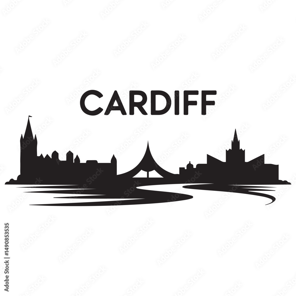 Fototapeta premium Cardiff skyline horizontal banner. Black of Cardiff, Wales. Vector template for your design. Vector black silhouette. with white background