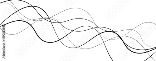 Abstract design featuring thin, elegant wave black lines flowing gracefully across a clean white background. The lines should appear delicate and dynamic, with smooth curves and varying opacity.