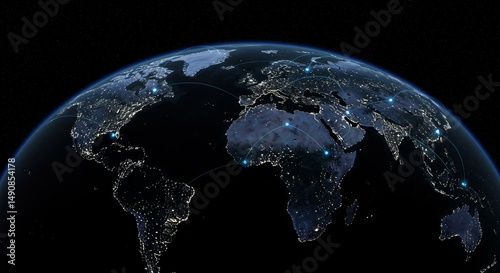 Global Network Connections - Illuminated Earth at night showcasing interconnected global network, data flow, and communication routes