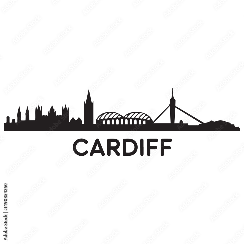 Obraz premium Cardiff skyline horizontal banner. Black of Cardiff, Wales. Vector template for your design. Vector black silhouette. with white background