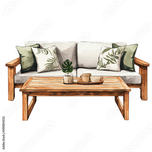 watercolor vector of Modern Outdoor Lounge Set With Cushions, high quality, isolated on a white background.