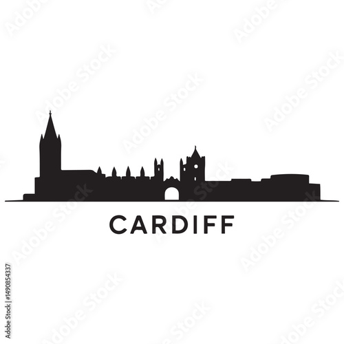 Cardiff skyline horizontal banner. Black of Cardiff, Wales. Vector template for your design. Vector black silhouette. with white background