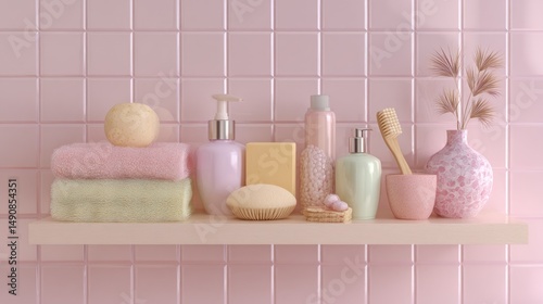 Pastel bathroom shelf with toiletries and decor