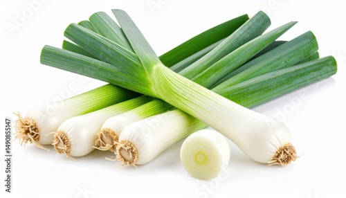 fresh leeks isolated on white background, organic and healthy food