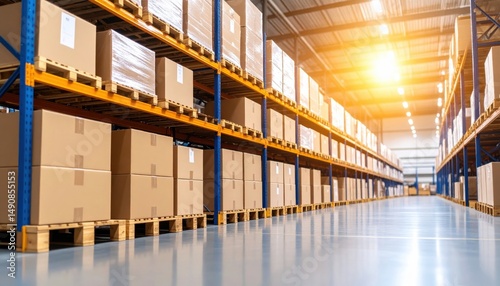 Large warehouse interior with stacked cardboard boxes on shelves, organized for storage and distribution, illuminated by bright industrial lighting photo