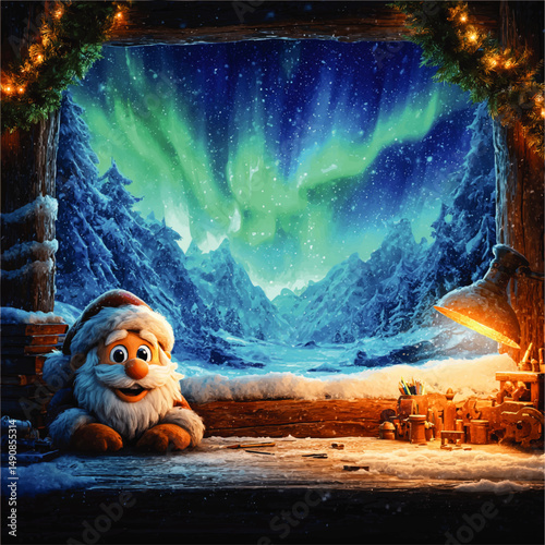 Enchanting Christmas Vector Scene with Santa Claus in Cozy Workshop Watching Northern Lights Aurora Borealis Amid Snowy Mountains and Winter Wonderland Background