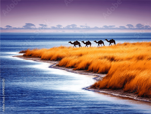 Stunning Vector Illustration of Four Camels in Silhouette Walking Along Golden Grass Shoreline by Blue Waters Under Vibrant Purple Sky in Serene Natural Landscape Scene