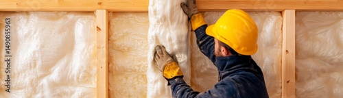Worker Installing Insulation in Wood Frame Wall, Construction ,Building