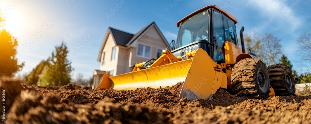 Obraz premium Yellow Bulldozer Leveling Ground for New House, Construction, Heavy Equipment