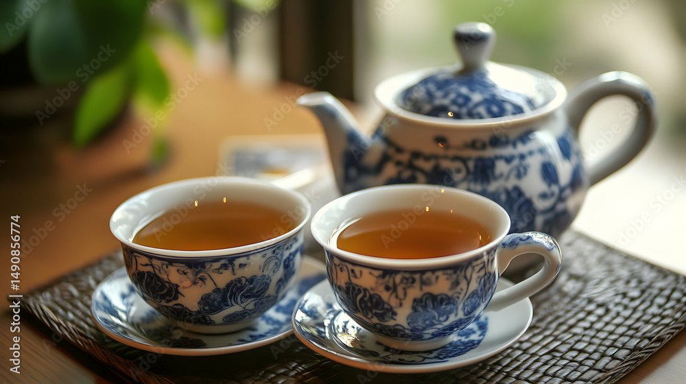 Fototapeta premium Two teacups and a teapot sit on a table near a window.