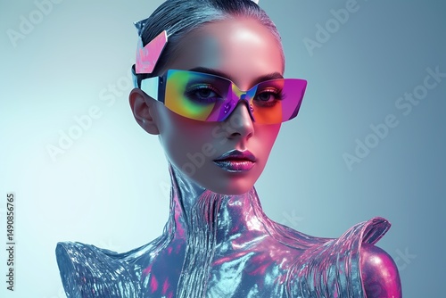 Fashion model showcasing futuristic style in vibrant colors with reflective sunglasses