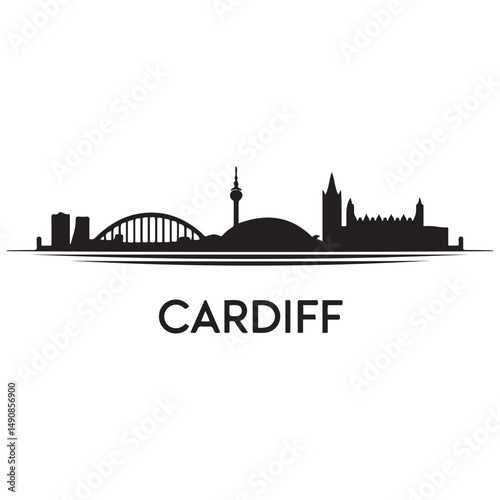 Cardiff skyline horizontal banner. Black of Cardiff, Wales. Vector template for your design. Vector black silhouette. with white background