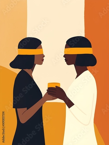 Two women stand facing each other, wearing blindfolds, as one hands a round object to the other. They are surrounded by warm, abstract colors, promoting an atmosphere of trust and connection.