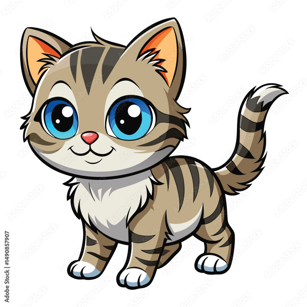 Fototapeta premium A small, fluffy tabby kitten with bright blue eyes is playfully batting with its paw on a white surface on white background