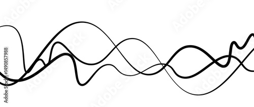 Abstract design featuring thin, elegant wave black lines flowing gracefully across a clean white background. The lines should appear delicate and dynamic, with smooth curves and varying opacity.