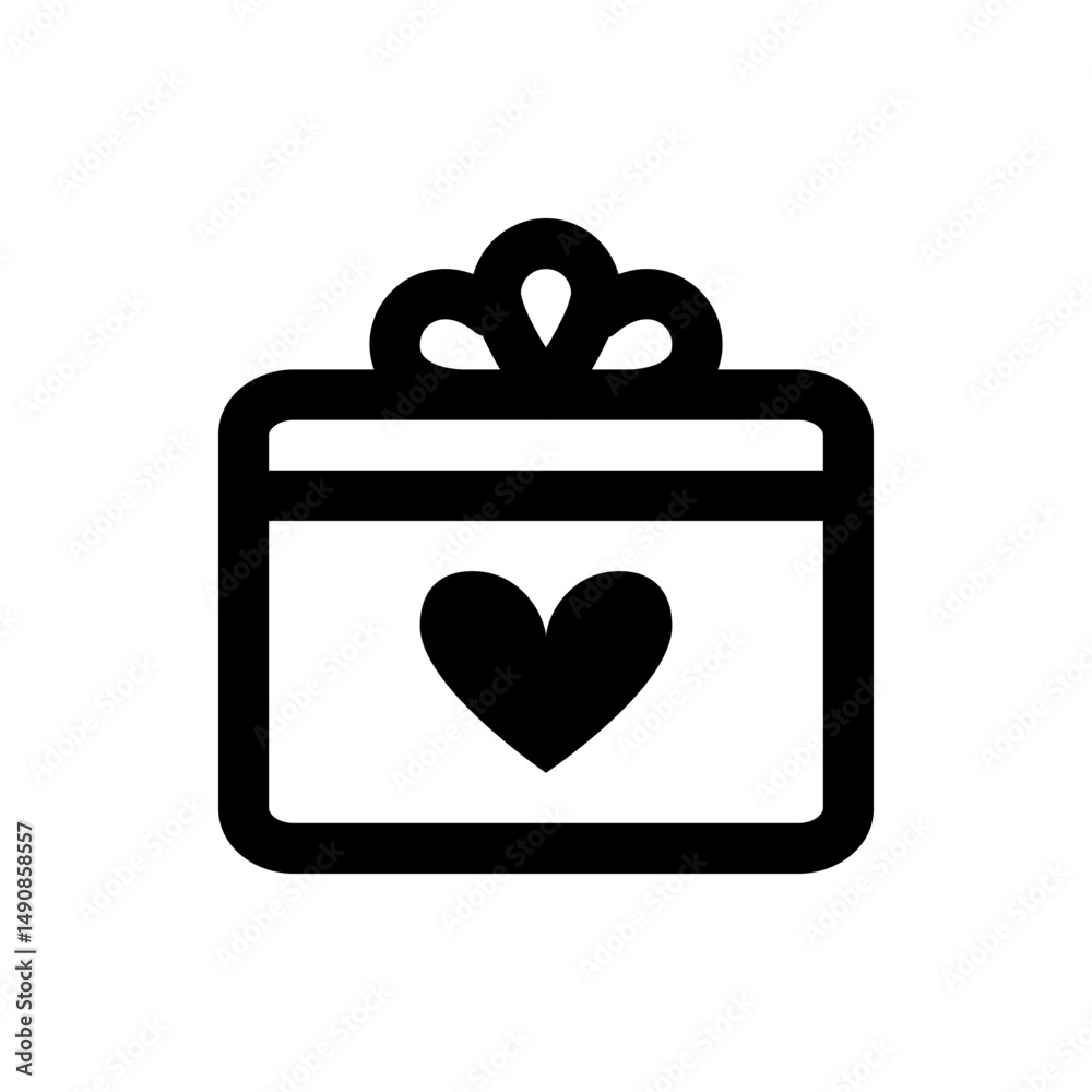 Illustration of a gift box with a heart and ribbon in black and white minimalist style graphic design element Illustration of a gift box with a heart and ribbon in black and white minimalist style graphic design element