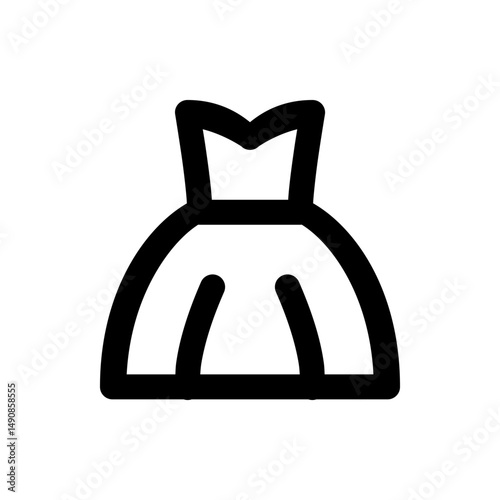 Illustration of a stylized dress with a fitted bodice and a flared skirt in a simple black outline design