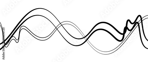 Abstract design featuring thin, elegant wave black lines flowing gracefully across a clean white background. The lines should appear delicate and dynamic, with smooth curves and varying opacity.