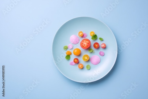 minimalist top-down view of colorful fresh vegetarian ingredients scattered artistically on solid color plate placed
