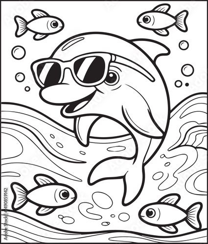 Cute dolphin wearing sunglass and jumping on water coloring page for kids, Black line art vector illustration for children book design