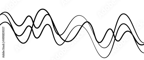 Abstract design featuring thin, elegant wave black lines flowing gracefully across a clean white background. The lines should appear delicate and dynamic, with smooth curves and varying opacity.