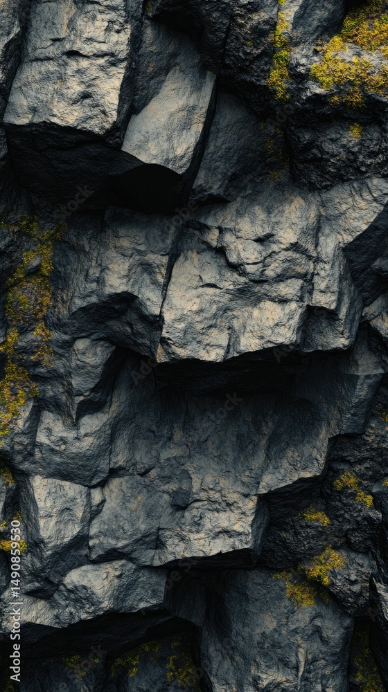 Fototapeta premium Dark, rough rock face, speckled with yellow lichen.