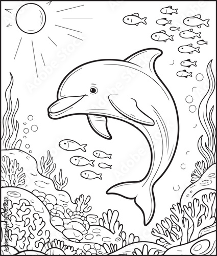 Adorable dolphin underwater scenery coloring page for kids, Black line art vector illustration for children book design