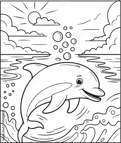 Adorable dolphin underwater scenery coloring page for kids, Black line art vector illustration for children book design