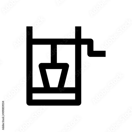 Illustration of a minimalist well structure with a crank and bucket in black outline on a white background