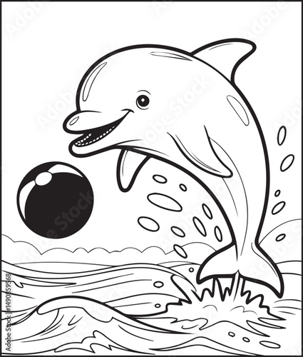 Adorable dolphin playing with ball coloring page for kids, Black line art vector illustration for children book design