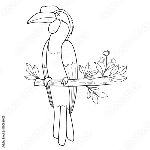 Hornbill Perched on a Branch Black and White Line Art Illustration