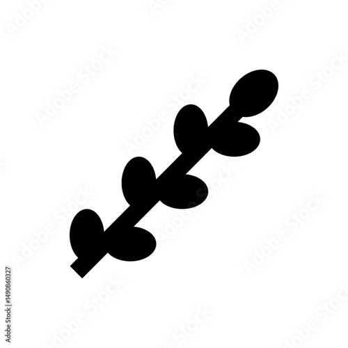 Illustration of a simple black branch with three pairs of leaves in a minimalist style, on white background