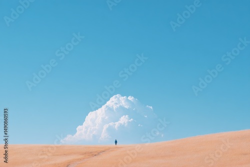 serene wide-open landscape showcases lone figure embarking on peaceful walk framed by vast sky
