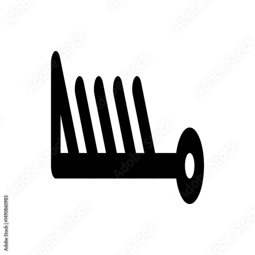 A graphic representation of a comb with thick teeth and a circular handle on the right side design is black