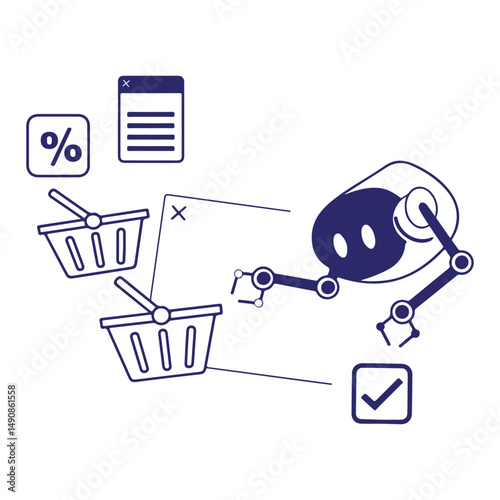 Robotic automation in e-commerce with AI shopping cart and digital shopping assistant transaction concept
